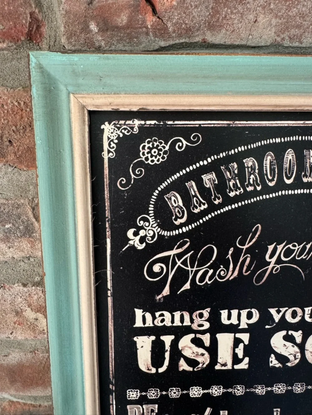 Hobby Lobby Teal and Cream Framed Bathroom Rules Chalkboard Sign